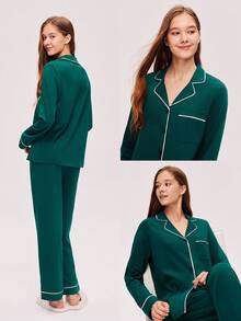 LUVLETTE Jul- och nyårspyjamas för par, mjuk, 100 % ren bomull, grön, kontrastfärgad, enkel, knäppt topp och byxor, loungekläder, pyjamasset med byxor och fickor, loungeset för kvinnor, höstkläder - Mörk Grön - Visa 3