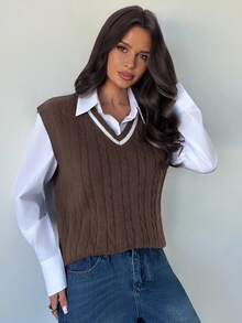 Firerie Áo len chui đầu cổ chữ V dệt kim sọc tương phản màu dành cho nữ (Không bao gồm áo), Áo len đi làm hàng ngày, Đa năng, Thiết yếu, Thu/Đông, Đi làm, Thanh lịch, Thường ngày, Hàng ngày, Công sở - màu nâu - Xem 4