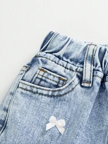 Young Girls Light Wash Denim Straight Leg Jeans With Bow Details Long Plain Zipper Casual Style Jeans With Bows Cute Baggy Jeans