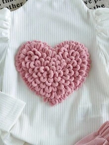 SHEIN Playful Pals 女嬰 0-3歲 粉色與白色秋季可愛生日 2件套 心形裝飾高領泡泡袖上衣 蝴蝶結荷葉邊裙子含帽子 時尚套裝 - 粉色 - 查看 5