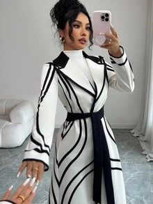 SHEIN Elenzya 优雅奢华复古线条印花高端撞色拼接女式大衣，适合派对 - 彩色 - 查看 5
