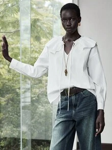 Lumivelle Damen Einfarbiges minimalistisches Langarm-Hemd mit Bindedetail, lässiger Alltags-Look - Weiss - Übersicht 4