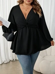 SHEIN CURVE+ Áo thun đen thường ngày phong cách Pháp cỡ lớn, Thu/Đông - màu đen - Xem 8