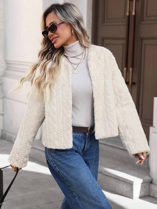 SHEIN LUNE معطف نسائي كاجوال أمامي مفتوح بأكمام طويلة من الفرو الاصطناعي بلون سادة