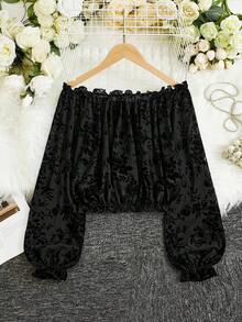 GlowEve Women's Fashionable & Elegant Jacquard Flocked Mesh Off Shoulder Lantern Sleeve Long Sleeve Cropped Top - Black - View 2