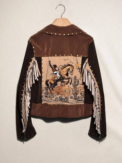 Easelle Vintage Boho Nomadic Fringe Rivet Suede Women Jacket Winter Back To School Brown Old Money Embroidered Tassel Rivets Design Elements,Fall