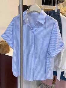 INAWLY 休闲宽松条纹短袖衬衫