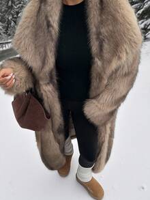 Muchica Women's New Brown Long Faux Fur Collar Coat, Winter