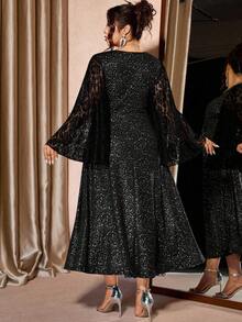 Cravure Gaun Pesta Midi Pas Badan Elegan Lengan Mengembang dengan Detail Renda untuk Wanita Ukuran Plus - Hitam - View 2