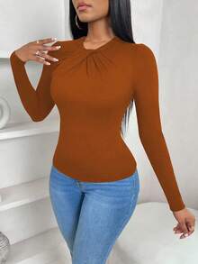 VaVaBold Camiseta de manga larga con cuello de lazo, ajuste ceñido y bajo con volantes, unicolor, elegante y casual para mujer, atuendo de otoño - Café integral - Ver 5