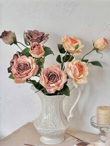 1/2 件 22 英寸复古仿古玫瑰 - 3 头真实触感假花,油画风格花束,波西米亚风格家居装饰,适用于客厅/卧室/办公室,摄影道具和即送礼品 - 彩色 - 查看 7