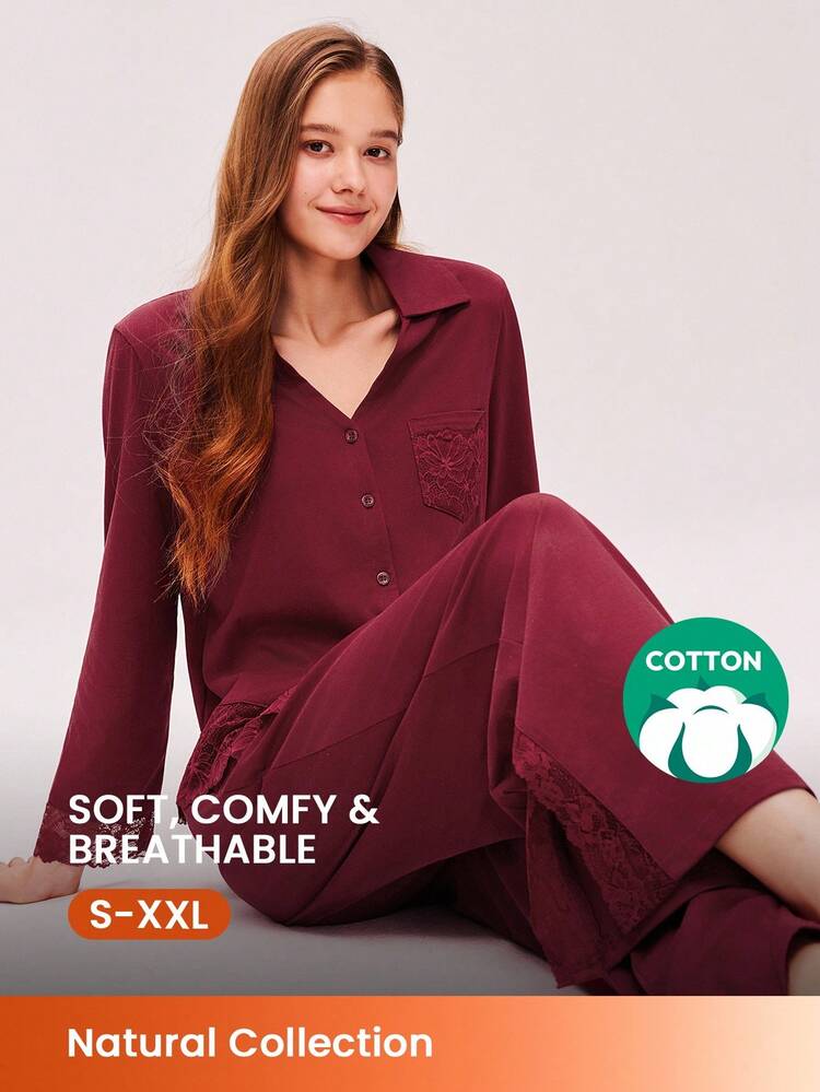 Piżamy świąteczne i noworoczne dla par, podstawowe, miękkie, czerwone i bordowe, 100% czystej bawełny, koronkowe wykończenie, zapinane na guziki i spodnie, komplety piżamowe dla kobiet, komplety wypoczynkowe dla kobiet, bielizna, ubrania jesienne