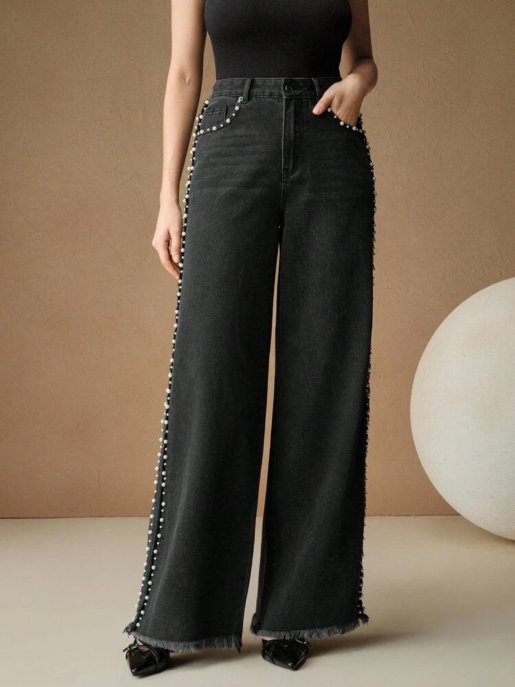 Elegant Fashion Straight-Leg Jeans With Blue Beaded Decoration