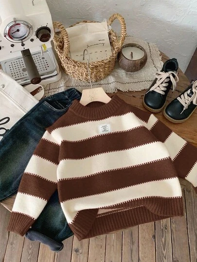 LMoss Kids LMoss 1 件年轻男孩韩版可爱休闲条纹高领超大保暖毛衣，可穿内搭或外穿，适合外出、上学、日常聚会、圣诞节、秋冬红白毛衣儿童针织毛衣条纹毛衣