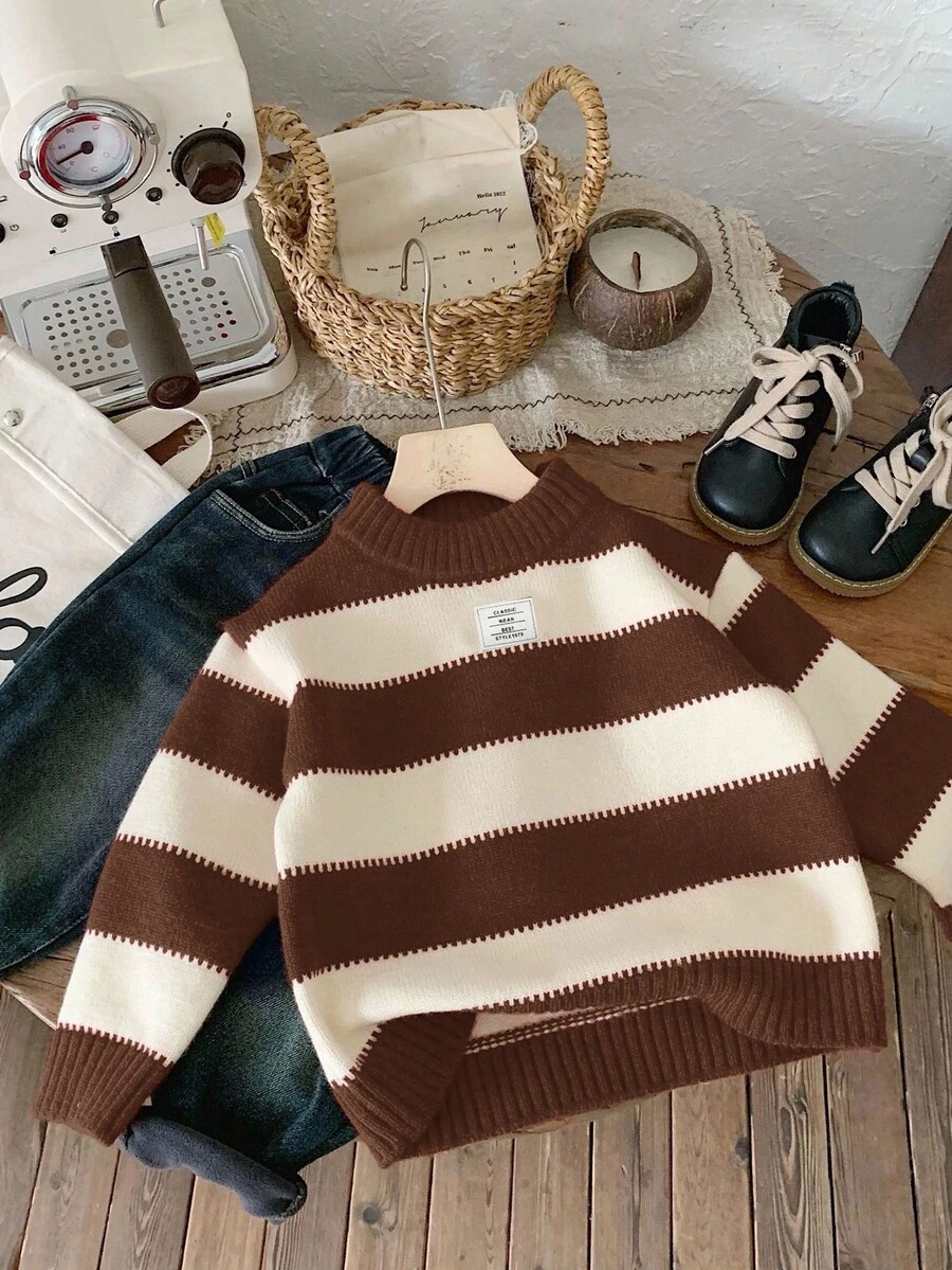 LMoss Kids LMoss 1pc Young Boys Korean Style Cute Casual Striped High Neck Oversized Warm Sweater, Can Be Worn Under Or Outerwear, Suitable For Outings, School, Daily Gatherings, Christmas, Autumn/Winter Red And White Sweaterkids Knit Sweaterstriped Sweater - Brown - View 1