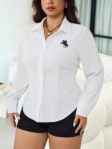 SHEIN CURVE+ 加大码纯色简约日常刺绣装饰长袖衬衫 - 白色 - 查看 3