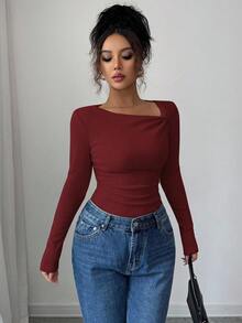 Selianne 秋冬新款纯色拉绒罗纹斜领褶皱长袖T恤修身休闲上衣 - 酒紅色 - 查看 6