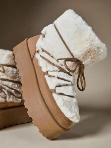 Solezae 女士休闲舒适毛茸茸厚底冬靴 - 駝色 - 查看 2