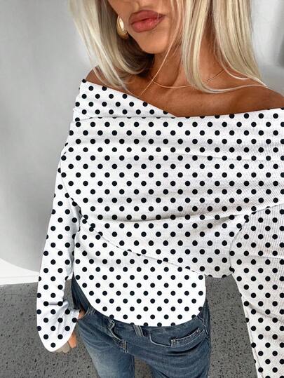 Aloruh 女士秋冬休闲百搭复古波尔卡圆点图案垂坠修身长袖 T 恤，适合秋冬季日常外出、波西米亚风度假、音乐节、凉爽秋季、秋季上衣