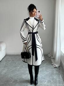 SHEIN Elenzya 优雅奢华复古线条印花高端撞色拼接女式大衣，适合派对 - 彩色 - 查看 6