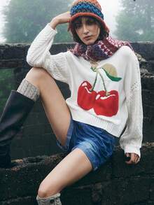 Bohemela Suéter Boho Estilo Americano com Estampa de Cereja para Mulheres, Outono/Inverno