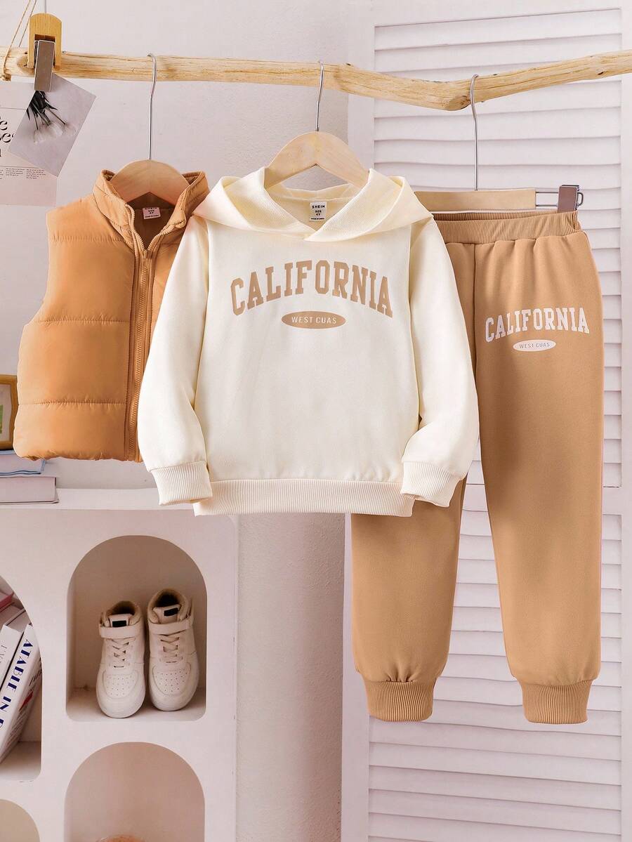 3pcs Girls Casual Cute Daily Outfit Set: Hooded Long Sleeve Sweatshirt, Brown Vest, Long Pants, Fashionable Winter Children Outdoor Wear - Brown - View 1