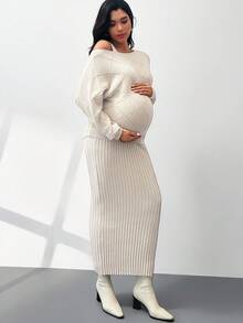 MaterniWear 孕妇针织套装，搭配露肩格子毛衣和配套针织长裙，日常休闲装 - 杏色 - 查看 4