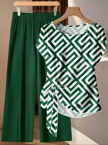 Mellowie Casual Minimalist All-Over Print Plus Size 2 Pieces Set - Dark Green - View 1