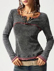 Bohemela 女士休闲针织撞色蕾丝长袖修身衬衫 - 黑色 - 查看 3