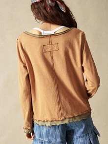 Bohemela Áo thun nữ cổ tròn tay dài họa tiết khối màu đơn giản - Màu nâu  Mocha - Xem 7