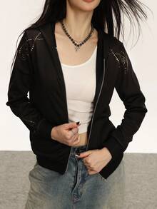 Rina Fox Women's Autumn Rhinestone Embellished Zip-Up Sweatshirt - Black - View 4