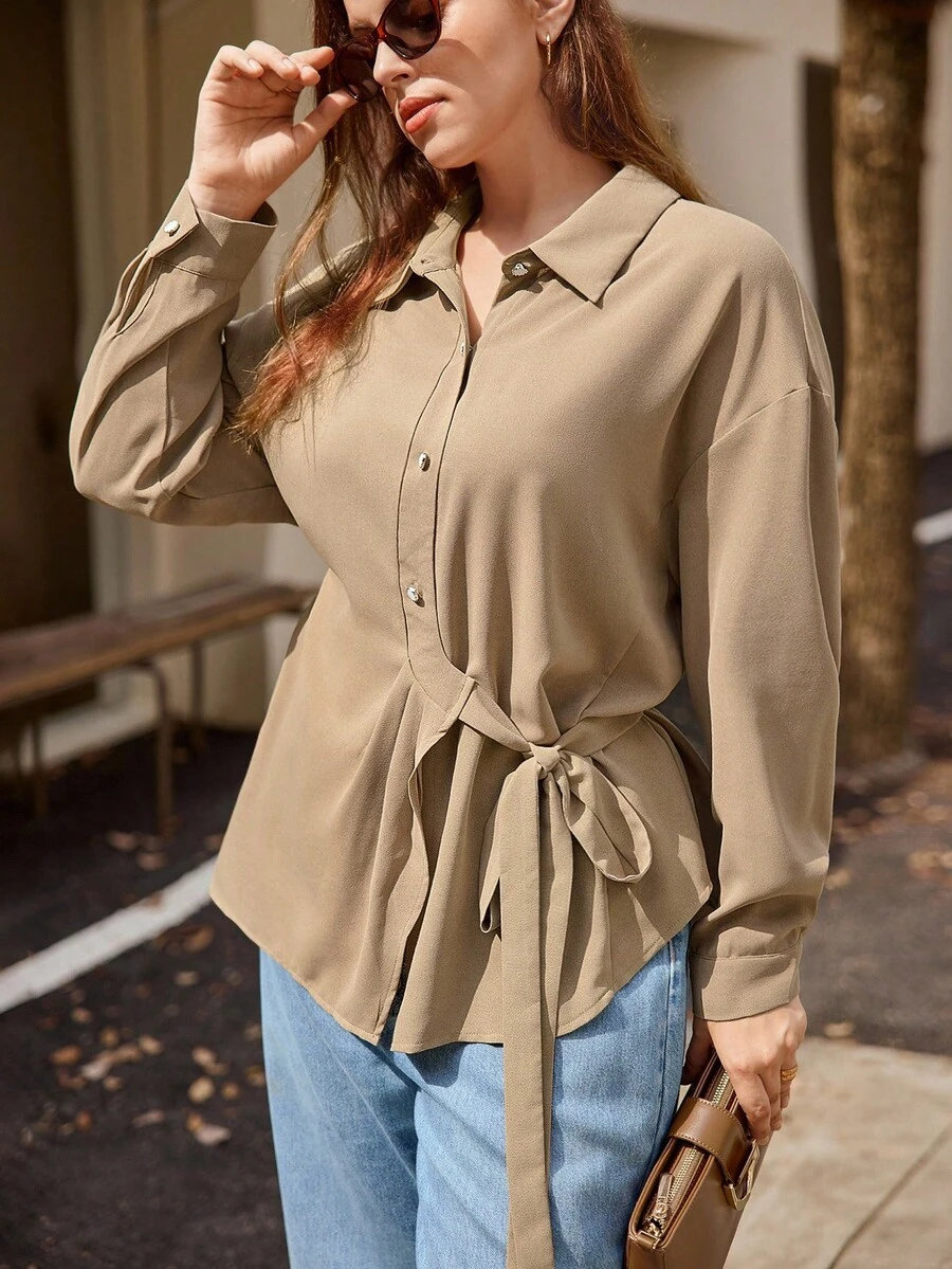 Easura Plus Size Women's Solid Color Drop Shoulder Long Sleeve Side Knot Casual Commuter Shirt