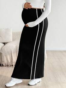 SHEIN Fall Clothes,Autumn Clothes,Maternity Autumn/Winter Clothes  Adjustable Waist Side Stripe Long Casual Maternity Skirt - Black - View 7