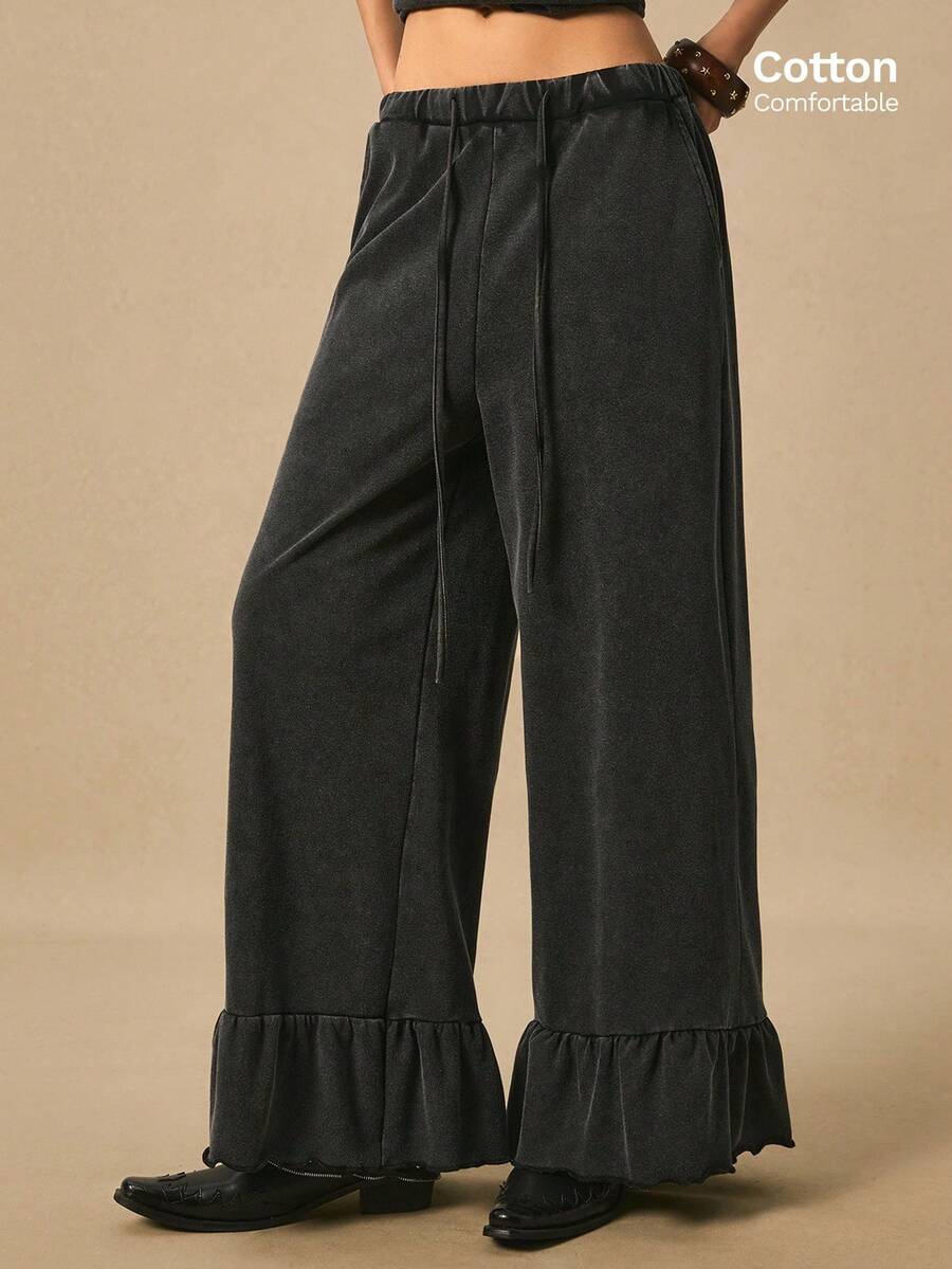 Easelle Pantalones de chándal rectos de cintura elástica y cordón en unicolor para mujer - Negro - Ver 1