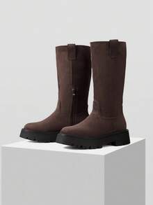 Minimalana botas marrom estilo britânico vintage de cano médio para mulheres, botas de motociclista, acabamento desgastado, efeito adelgaçante