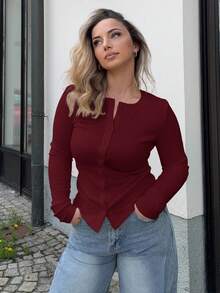 Jeta Ari Ribbed Button Through Long Sleeve Crew Neck Top Casual Vacation Airport Holiday - Burgundy - View 6