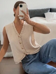 Siren Gaze 女士纯色单排扣 V 领休闲针织背心