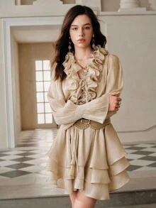 Anewsta Savoree 短款派对连衣裙，杏色荷叶边圣诞迷你裙，时尚优雅 - 杏色 - 查看 6