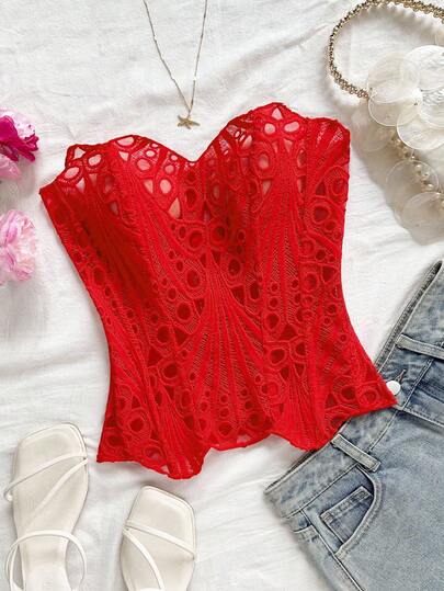 Soleia European & American Style Sexy Avant-Garde Lace Double-Layer Corset Bustier, Fishbone Contoured, Hollow Embroidered Shapewear, Red