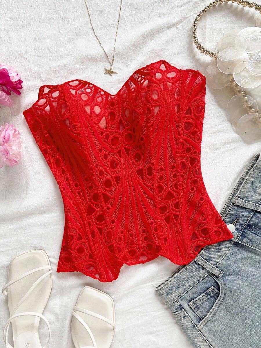 Soleia European & American Style Sexy Avant-Garde Lace Double-Layer Corset Bustier, Fishbone Contoured, Hollow Embroidered Shapewear, Red - Red - View 1