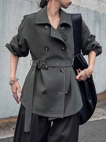 FRIFUL 女士纯色翻领纽扣收腰修身袖口休闲风衣外套，秋季百搭常规版型女式大衣 - 灰色 - 查看 6