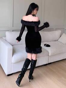 Feyla Black Fuzzy Mesh Bodycon Long Sleeve Mini Dress, Elegant And Sophisticated For Parties, Dates, Holidays - Black - View 6