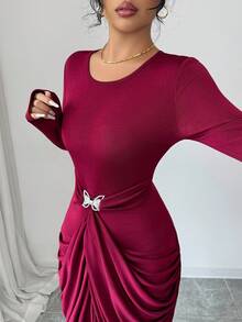 SHEIN Elenzya Elegant Romantic Women's Dress With Long Sleeves, Round Neck, Waist Gathering, Pleated, Slit, And Metal Decoration - Burgundy - View 5