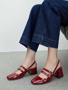 Bailarinas para mujer, punta cuadrada, piel suave, sin agujetas, dos correas con hebilla, suela plana, estilo vintage, oficina y diario - Rojo - Ver 3