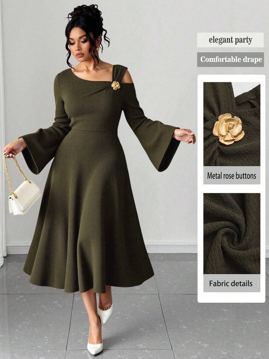 Elenzga Plus Size Women's Solid Color Knitted Ribbed Asymmetric Shoulder Flare Sleeve Ruffle Trim Bodycon Maxi Elegant Party Dress