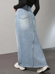 Jeanoix 女士休闲日常通勤百搭高腰毛边直筒牛仔中长裙 - 藍色 - 查看 2
