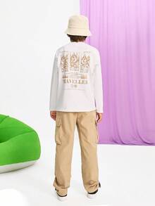 SHEIN 青少年男孩休闲长袖 T 恤套装、侧袋 3D 贴片宽松直筒纯色梭织裤、工装裤 - 卡其色 - 查看 8