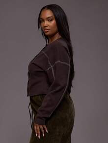 MUSERA Plus Size Contrast Stitch Popper Long Sleeve Cardigan Everyday Casual Cool Girl Streetwear Uncut Evening Party Elegant Spring - Chocolate Brown - View 5