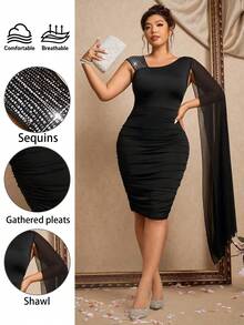 Cravure Christmas Plus Size Soft Knit Sequin Patchwork Asymmetric Sleeve Wrap Dress With Asymmetrical Collar, Elegant For Party, Outing, Gathering, And Dating - Black - View 9
