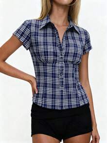 INAWLY Women's Plaid Short Sleeve Single-Breasted Casual Shirt - Royal Blue - View 4